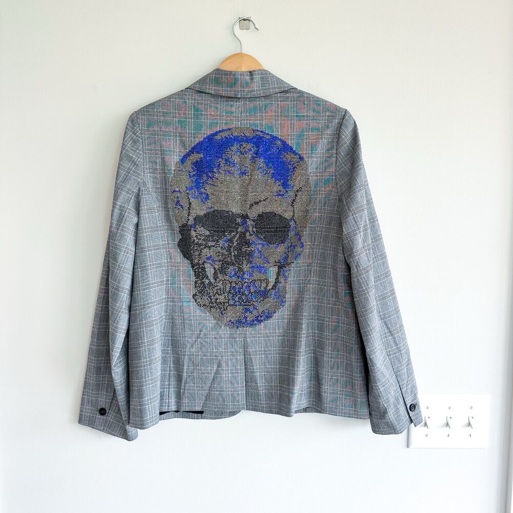 Hipchik Couture Beaded Blue Skull Plaid Single-Breasted Blazer Gray 14